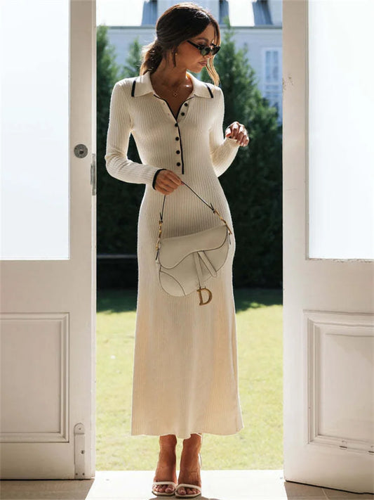 Female Slim Knit Maxi Dress Patchwork Lapel Contrast Dress High Waist Knitwear Party Dress Autumn Outfit