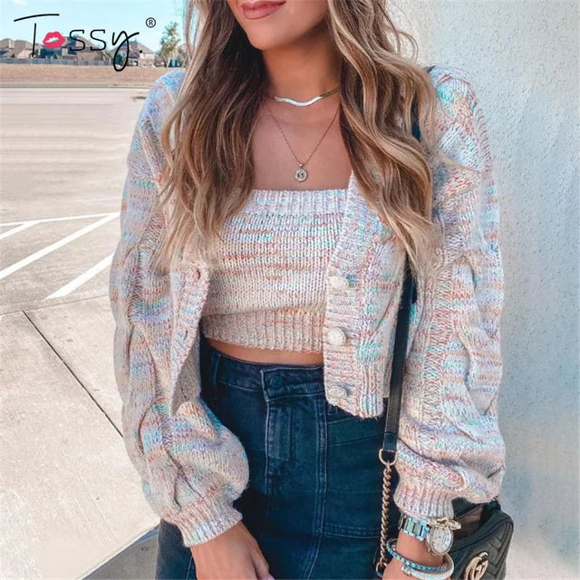 High Street Knitted Sweater 2 Piece Top and Vest Set for Cropped Long Sleeve Tops New Cardigan Knitwear