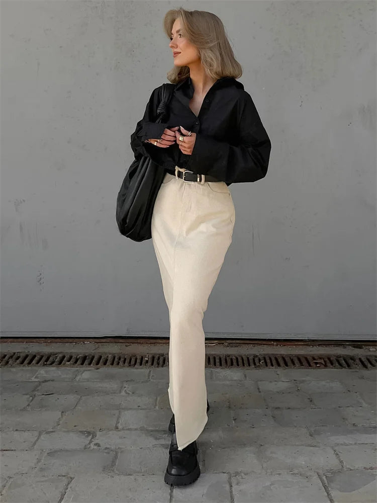 High Waist Split Maxi Skirt for Patchwork Pocket High Street Long Skirt Female Zipper Slim Maxi Skirt