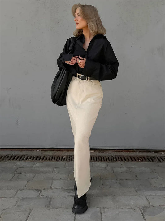 High Waist Split Maxi Skirt for Patchwork Pocket High Street Long Skirt Female Zipper Slim Maxi Skirt