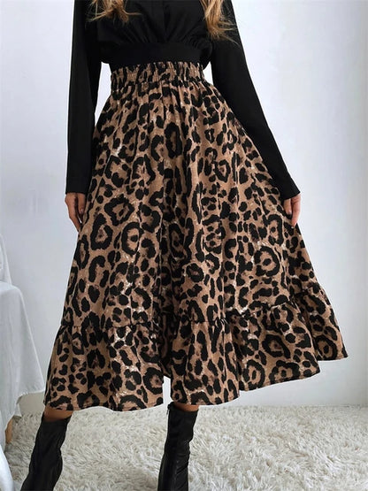 High Waist Leopard Midi Skirt for Printed Long Tulle Skirt Autumn New Chiffon A-line Skirt