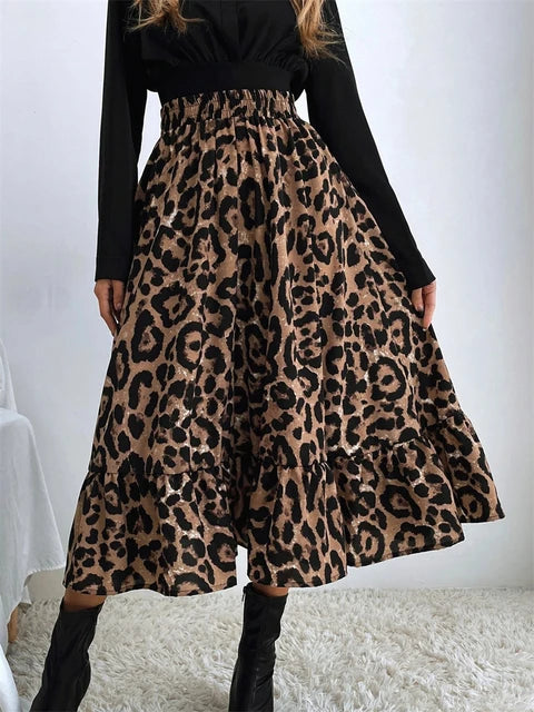 High Waist Leopard Midi Skirt for Printed Long Tulle Skirt Autumn New Chiffon A-line Skirt
