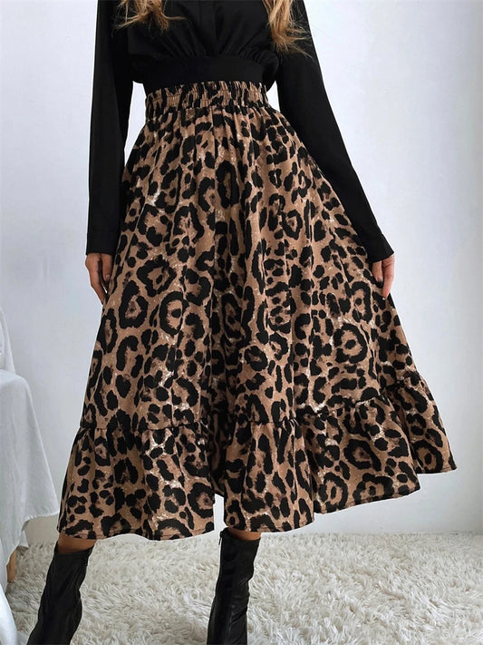 High Waist Leopard Midi Skirt for Printed Long Tulle Skirt Autumn New Chiffon A-line Skirt