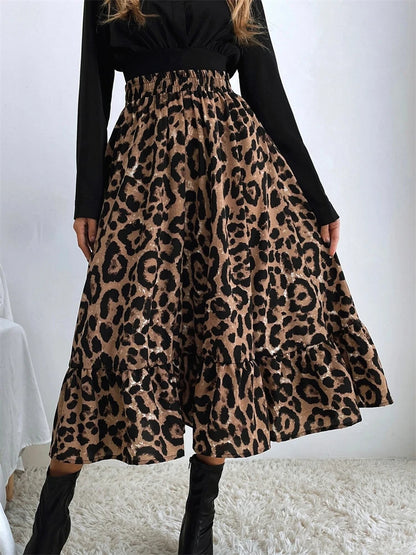 High Waist Leopard Midi Skirt for Printed Long Tulle Skirt Autumn New Chiffon A-line Skirt