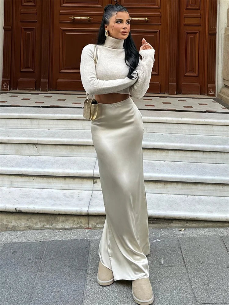 High Waist Long Skirt Slim Patchwork Y2k Maxi Skirt Autumn Satin Maxi Skirt