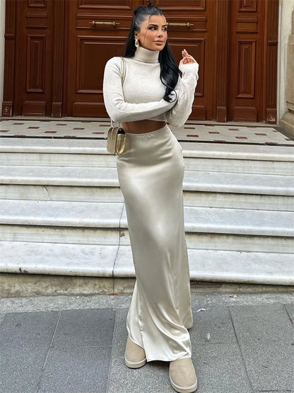 High Waist Long Skirt Slim Patchwork Y2k Maxi Skirt Autumn Satin Maxi Skirt