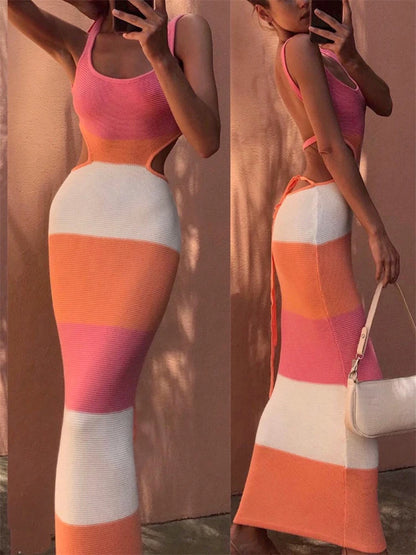 Holiday Crochet Summer Dress Backless Maxi Bodycon Dress for Beach Party Spaghetti Strap Contrast Color Long Dresses