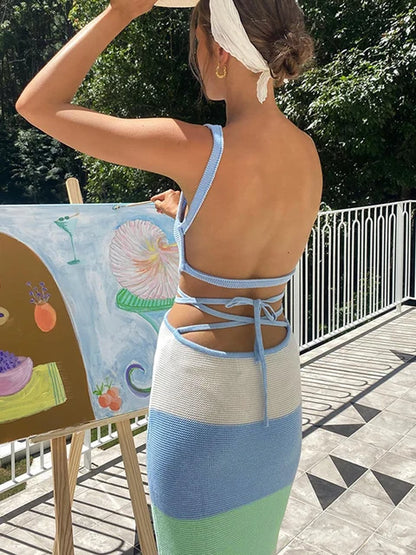Holiday Crochet Summer Dress Backless Maxi Bodycon Dress for Beach Party Spaghetti Strap Contrast Color Long Dresses