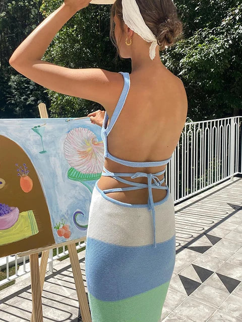 Holiday Crochet Summer Dress Backless Maxi Bodycon Dress for Beach Party Spaghetti Strap Contrast Color Long Dresses