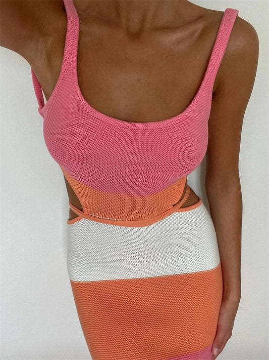 Holiday Crochet Summer Dress Backless Maxi Bodycon Dress for Beach Party Spaghetti Strap Contrast Color Long Dresses