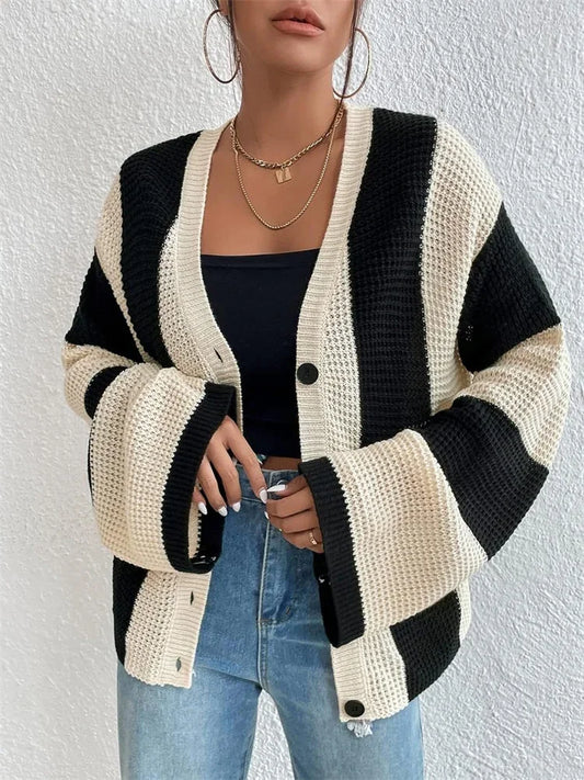 Hollow Out Contrast Cardigan Sweater Knitwear Loose Long Sleeve High Street Outwear Patchwork Female Coat