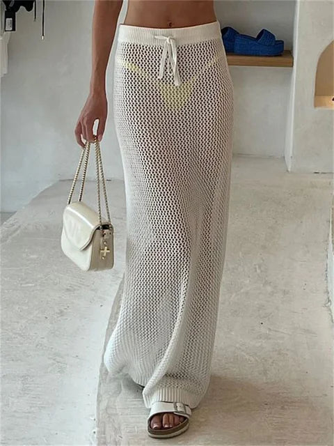 Hollow Out Knit Long Skirt for See-through Holiday Beach Skirt Outfits Knitwear Lace-up Y2k Skirt