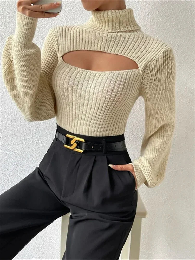 Hollow Out Knit Sweater Pullover for Turtleneck Ribbed High Street Long Sleeve Knitwear Loose Sweater Female