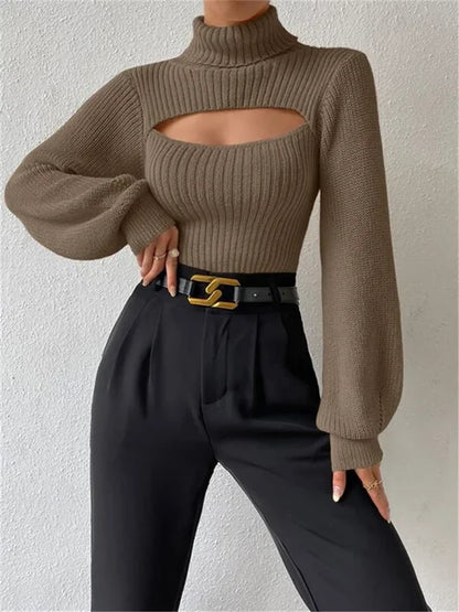 Hollow Out Knit Sweater Pullover for Turtleneck Ribbed High Street Long Sleeve Knitwear Loose Sweater Female