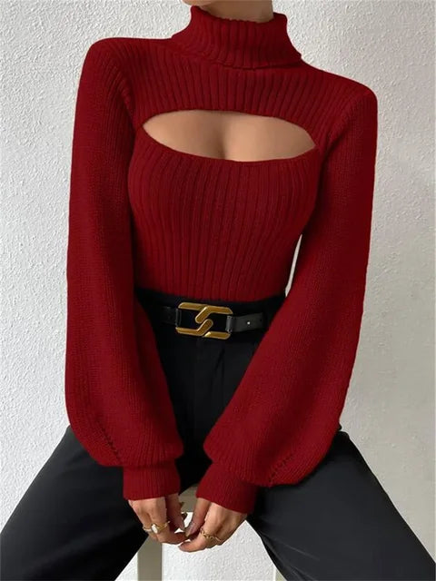 Hollow Out Knit Sweater Pullover for Turtleneck Ribbed High Street Long Sleeve Knitwear Loose Sweater Female