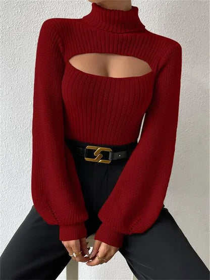 Hollow Out Knit Sweater Pullover for Turtleneck Ribbed High Street Long Sleeve Knitwear Loose Sweater Female