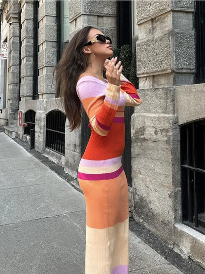 Hollow Out Knitwear Striped Maxi Dress for Contrast High Waist Long Sleeve Holiday Autumn Long Dress Female