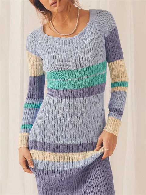 Hollow Out Knitwear Striped Maxi Dress for Contrast High Waist Long Sleeve Holiday Autumn Long Dress Female