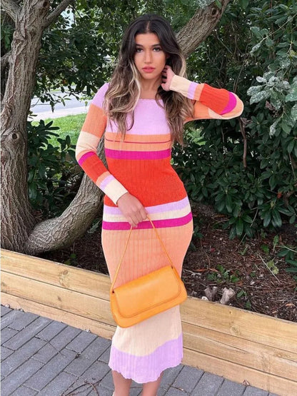 Hollow Out Knitwear Striped Maxi Dress for Contrast High Waist Long Sleeve Holiday Autumn Long Dress Female