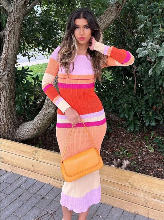 Hollow Out Knitwear Striped Maxi Dress for Contrast High Waist Long Sleeve Holiday Autumn Long Dress Female