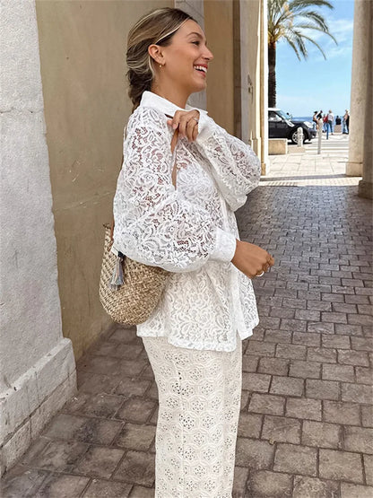 Hollow Out Printed Loose Shirts for Patchwork Lace See-through Summer Top Long Sleeve Female Blouse