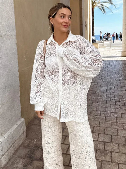 Hollow Out Printed Loose Shirts for Patchwork Lace See-through Summer Top Long Sleeve Female Blouse