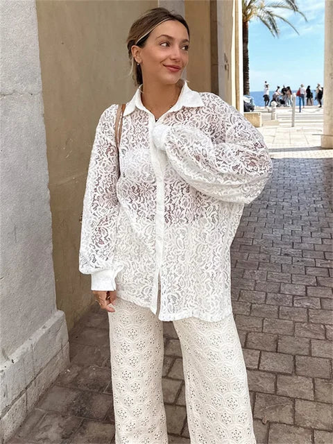 Hollow Out Printed Loose Shirts for Patchwork Lace See-through Summer Top Long Sleeve Female Blouse