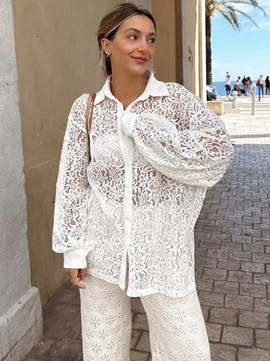 Hollow Out Printed Loose Shirts for Patchwork Lace See-through Summer Top Long Sleeve Female Blouse