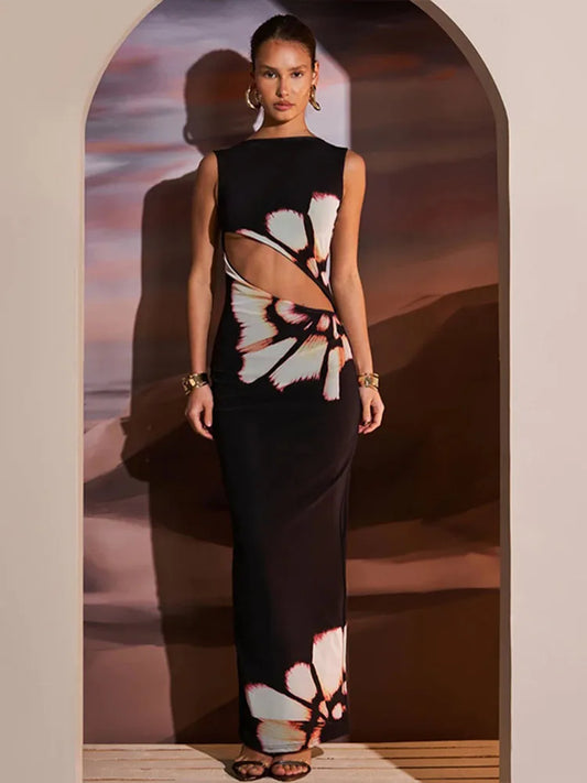 Hollow Out Printed Sleeveless Maxi Dress ’s Summer Slim High Waist Female Bodycon Long Dress New