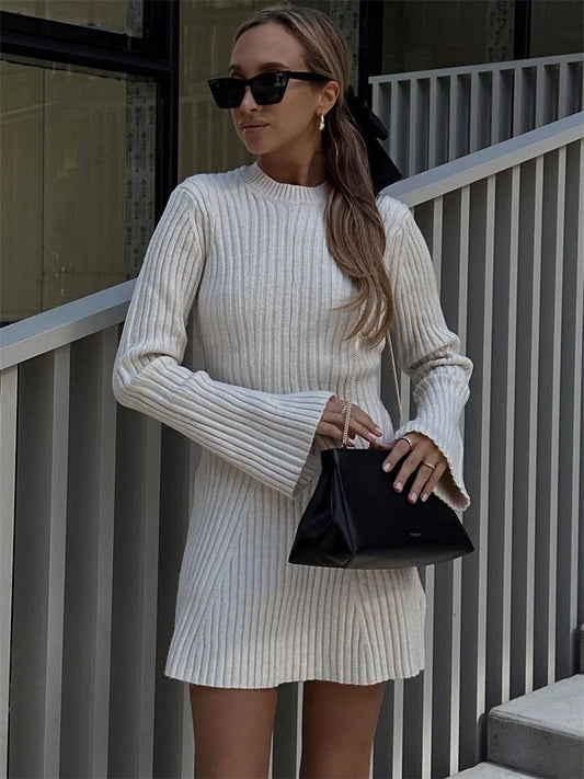Hollow Out Ribbed Knitwear Mini Dress Female Loose High Waist Patchwork Party Dress Knit Dress
