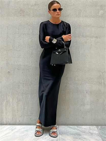 Hollow Out Satin Maxi Dress Female High Waist Slim Scoop Neck Long Sleeve Dress Zipper Party Dress Summer