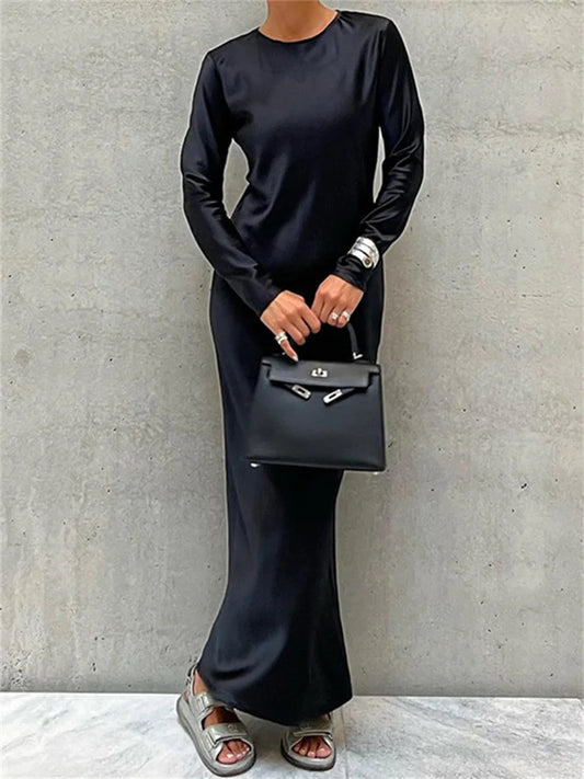 Hollow Out Satin Maxi Dress Female High Waist Slim Scoop Neck Long Sleeve Dress Zipper Party Dress Summer