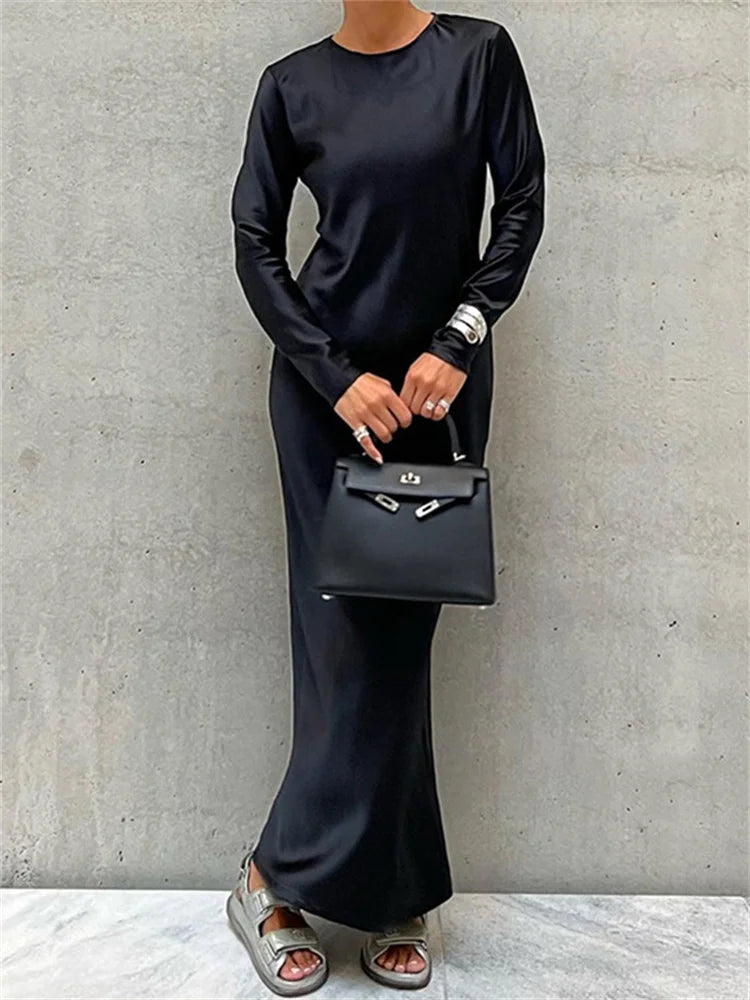 Hollow Out Satin Maxi Dress Female High Waist Slim Scoop Neck Long Sleeve Dress Zipper Party Dress Summer