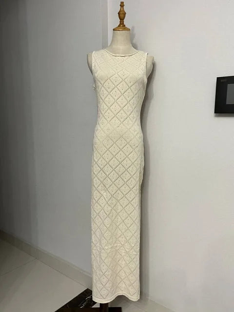 Hollow Out Sleeveless Maxi Dress High Split Beach Holiday Mesh Dress Patchwork Knitwear Autumn Dress