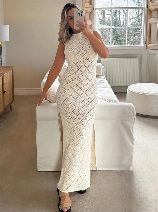 Hollow Out Sleeveless Maxi Dress High Split Beach Holiday Mesh Dress Patchwork Knitwear Autumn Dress