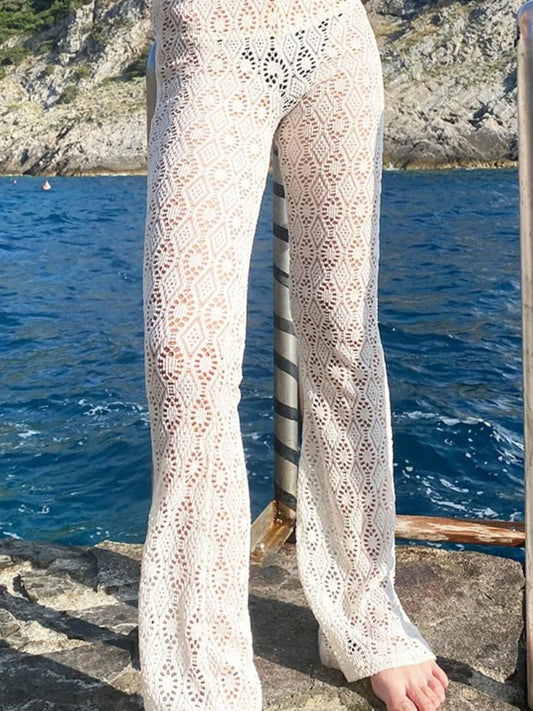 Hollow Out White High Waist ’s Pants Printed See-through Beach Holiday Straight Trousers Y2k Pants
