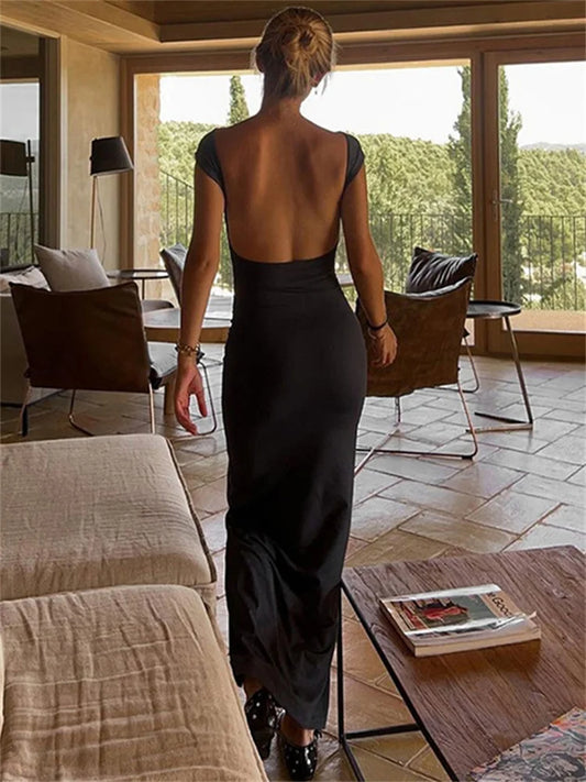 Hot Backless Black Dress – Sleeveless Patchwork High Waist Long Dress