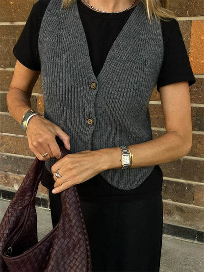 Knit Ribbed Vest Cardigan for Slim V-neck Sleeveless High Waist Outwear Female Loose Knit Vest Sweater