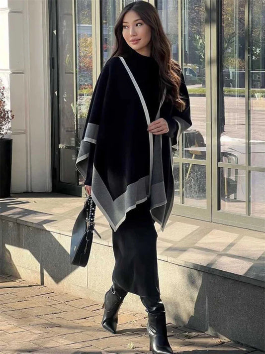 Knit 2 Piece-set Maxi Dress for Loose Patchwork Contrast Shawl Slim Knitwear Dress Outfits