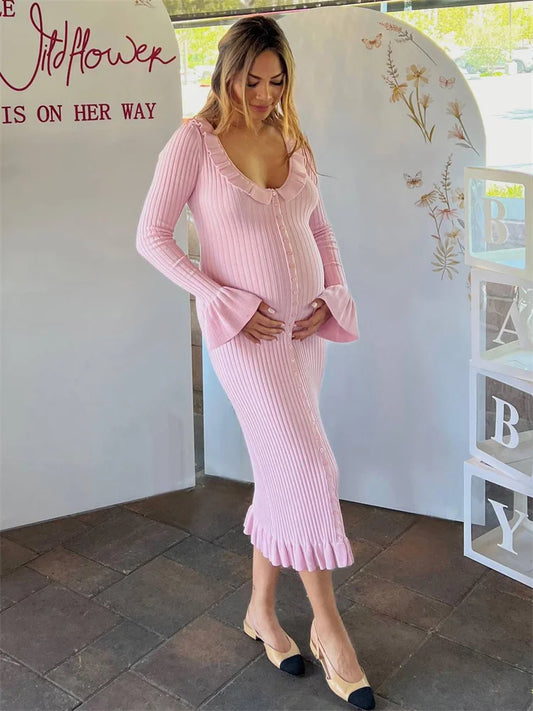 Knit Ruffled Maxi Dress Ribbed Slim Scoop Neck Knitwear Party Dress Gown Female Long Dress Autumn