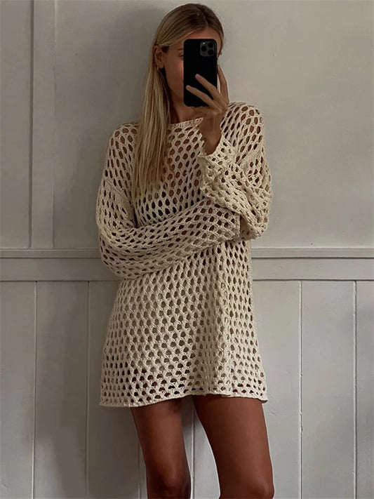 Knit Hollow Out Cover Up Mini Dress for See-through Loose Beach Holiday Clothes Summer Patchwork Knitwear Cover Up