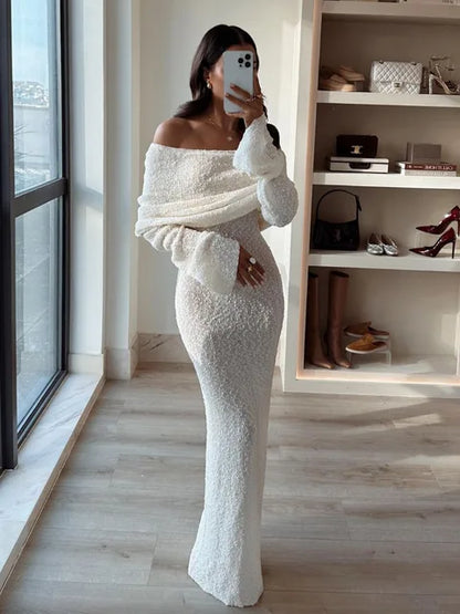 Knit Hollow Out Off-shoulder Maxi Dress Female Cover Up Loose Long Sleeve Holiday Beach Party Dress Knitwear Dress