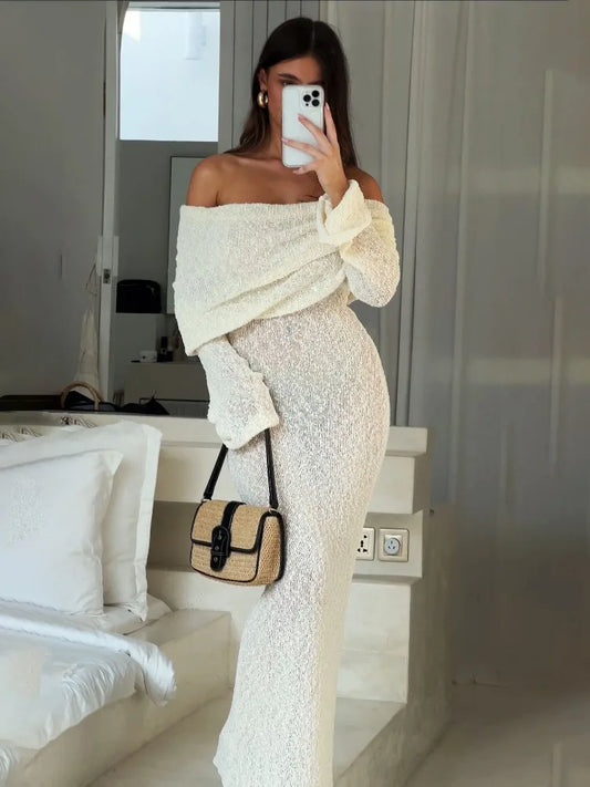 Knit Hollow Out Off-shoulder Maxi Dress Female Cover Up Loose Long Sleeve Holiday Beach Party Dress Knitwear Dress