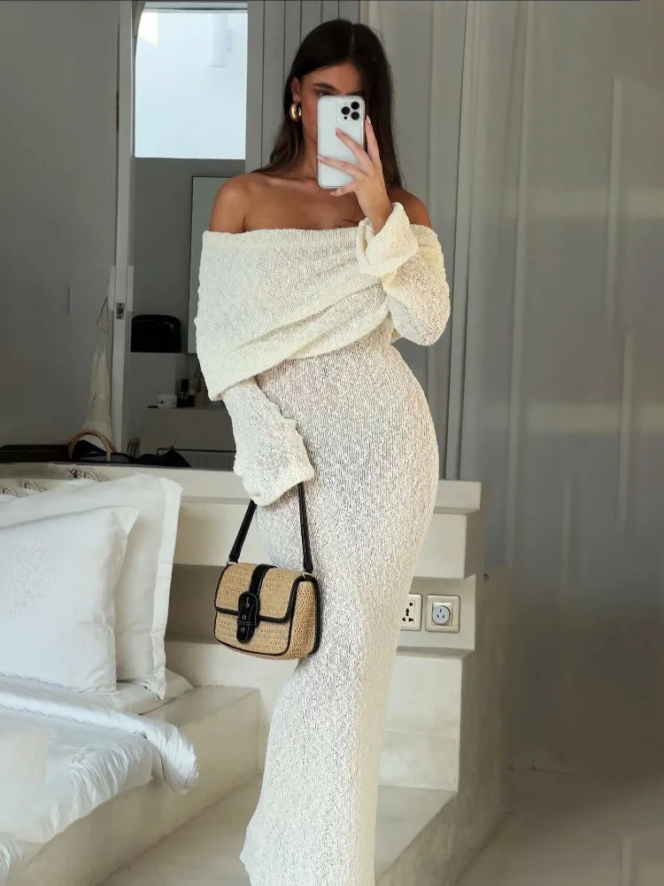 Knit Hollow Out Off-shoulder Maxi Dress Female Cover Up Loose Long Sleeve Holiday Beach Party Dress Knitwear Dress