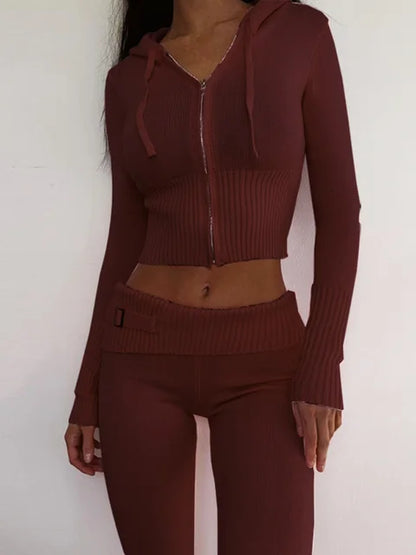 Knit Hoodie and Pants Sets Outfits Low Waist Knitted Cropped Top Sweat Leggings Two Piece Set Tracksuit New