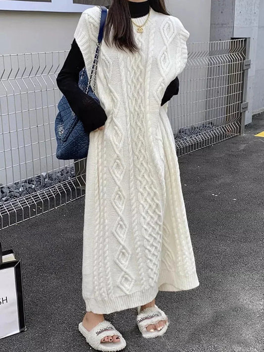 Knit Loose Patchwork Maxi Dress for Sleeveless High Waist Ribbed Dress Knitwear Dress