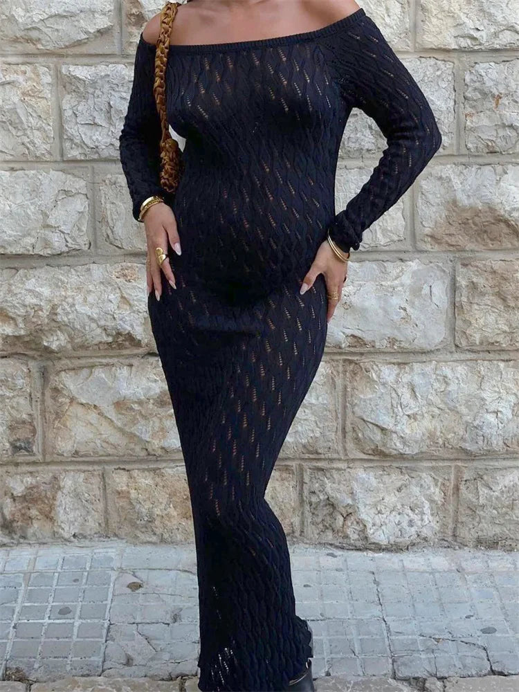 Knit Off-shoulder Maxi Dress – Patchwork Hollow Out Knitwear Dress