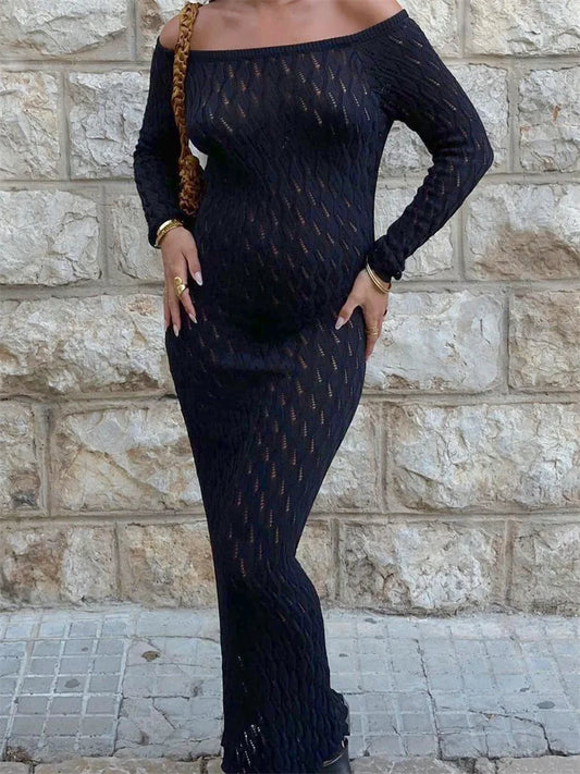 Knit Off-shoulder Maxi Dress – Patchwork Hollow Out Knitwear Dress