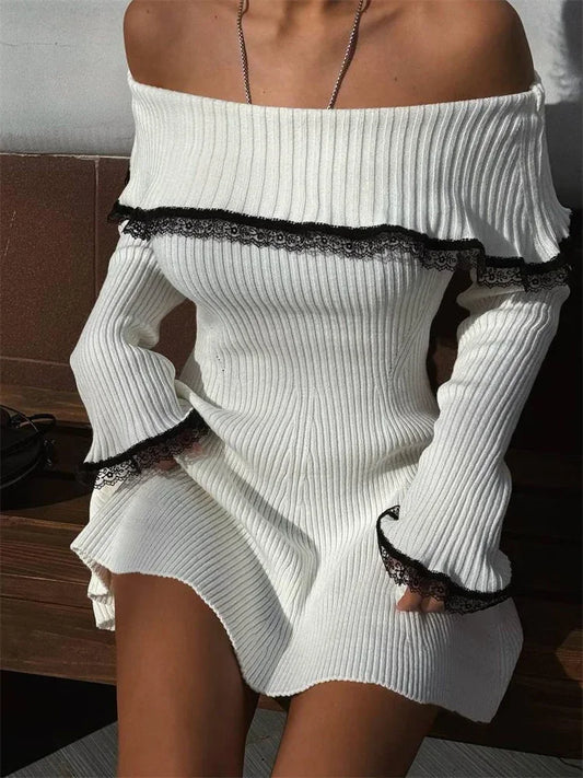 Knit Off-shoulder Sweater Mini Dress ’s Lace Patchwork Ribbed Slim Backless Party Dress Knitwear Mini Dress
