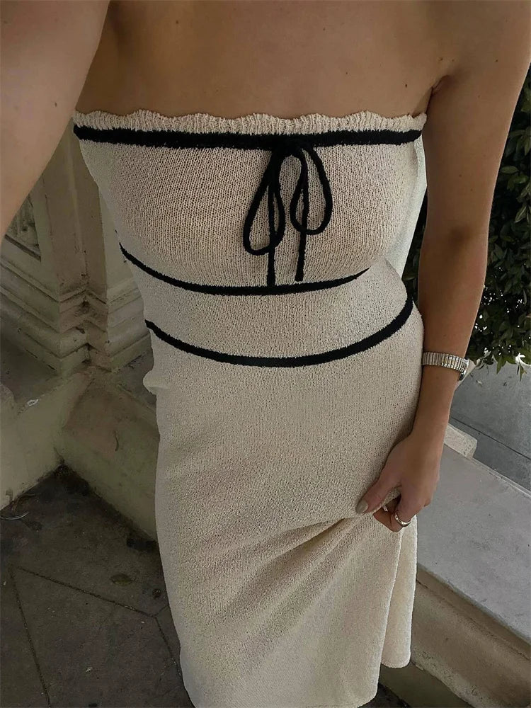 Knit Patchwork Backless Long Dress Bandage Slim Contrast High Waist Dress Female Knitwear Maxi Dress